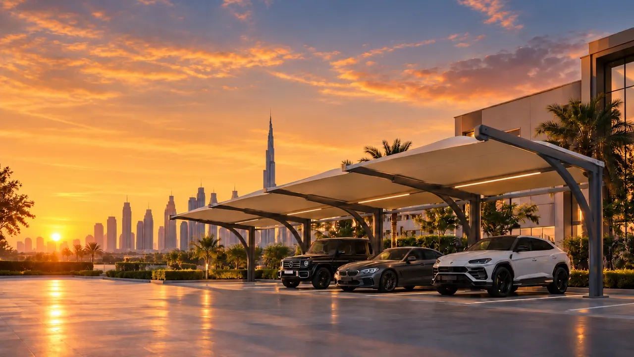 Design visualisation of architectural car parking shades overlooking the Dubai skyline at sunset