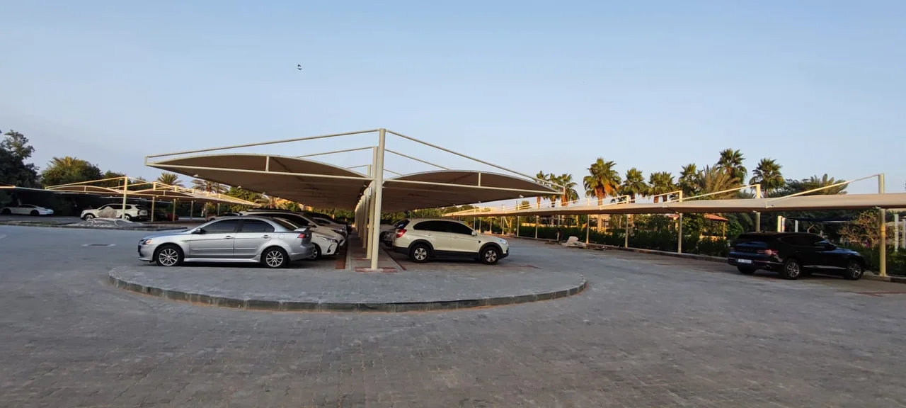 Completed car parking shade structure at Abu Dhabi Golf Club in Abu Dhabi