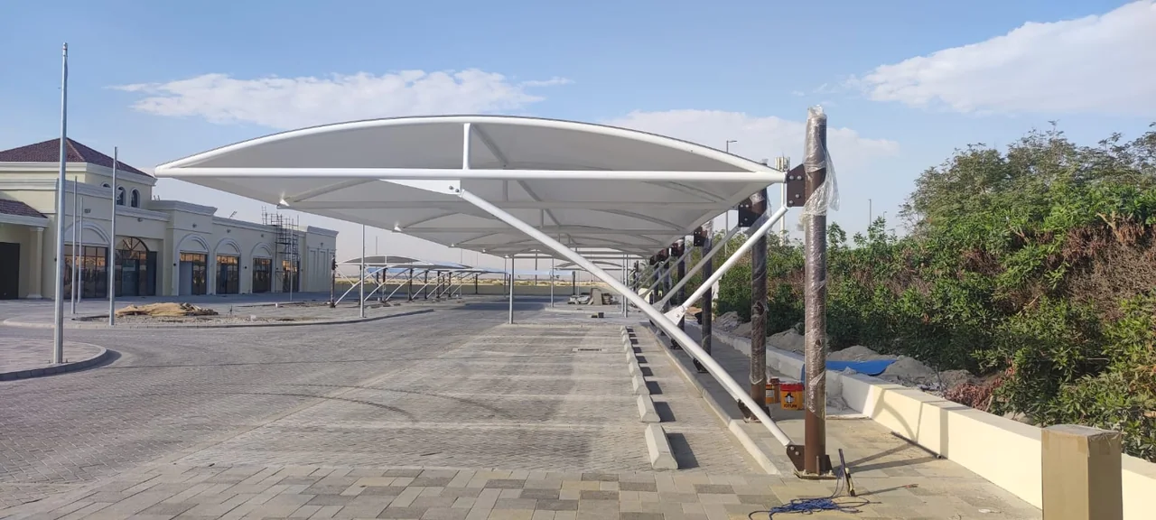 Completed car parking shade structure at ADICC Baniyas in Baniyas, Abu Dhabi