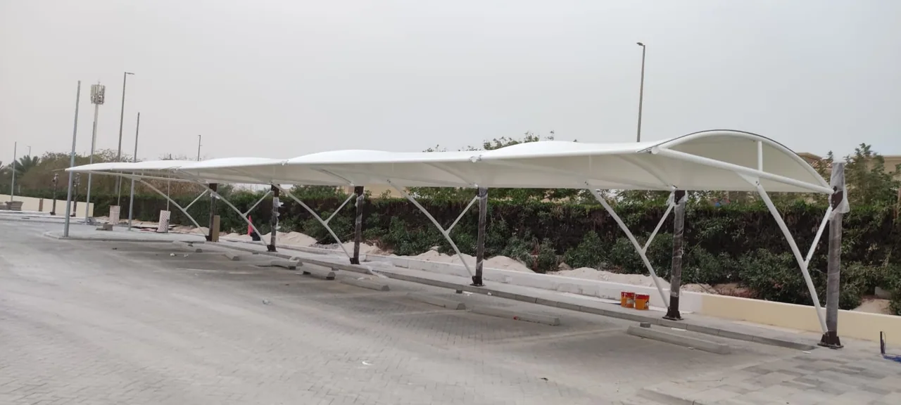 Completed car parking shade structure at ADICC Baniyas in Baniyas, Abu Dhabi — installation view 4