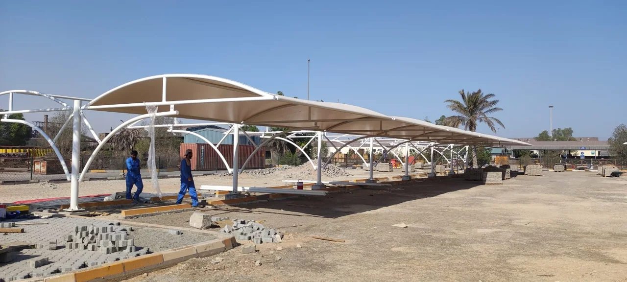 Completed car parking shade structure at ADNOC Mussafah in Mussafah, Abu Dhabi — installation view 2