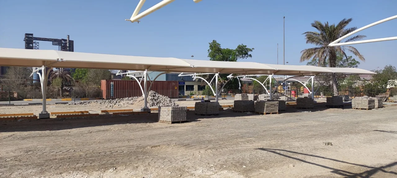 Completed car parking shade structure at ADNOC Mussafah in Mussafah, Abu Dhabi — installation view 3
