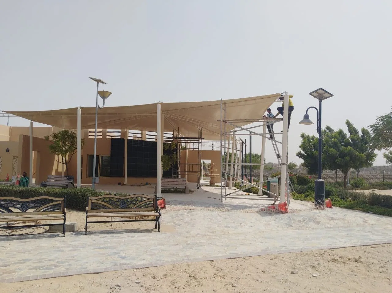Completed tensile membrane shade structure at Al Khawaneej Park in Dubai