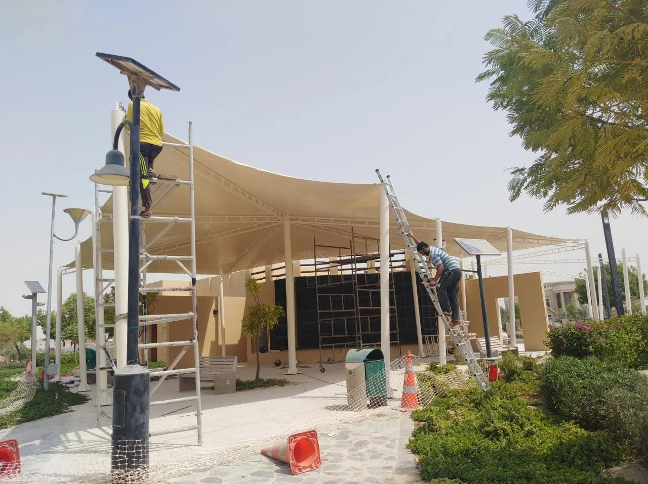 Completed tensile membrane shade structure at Al Khawaneej Park in Dubai — installation view 2