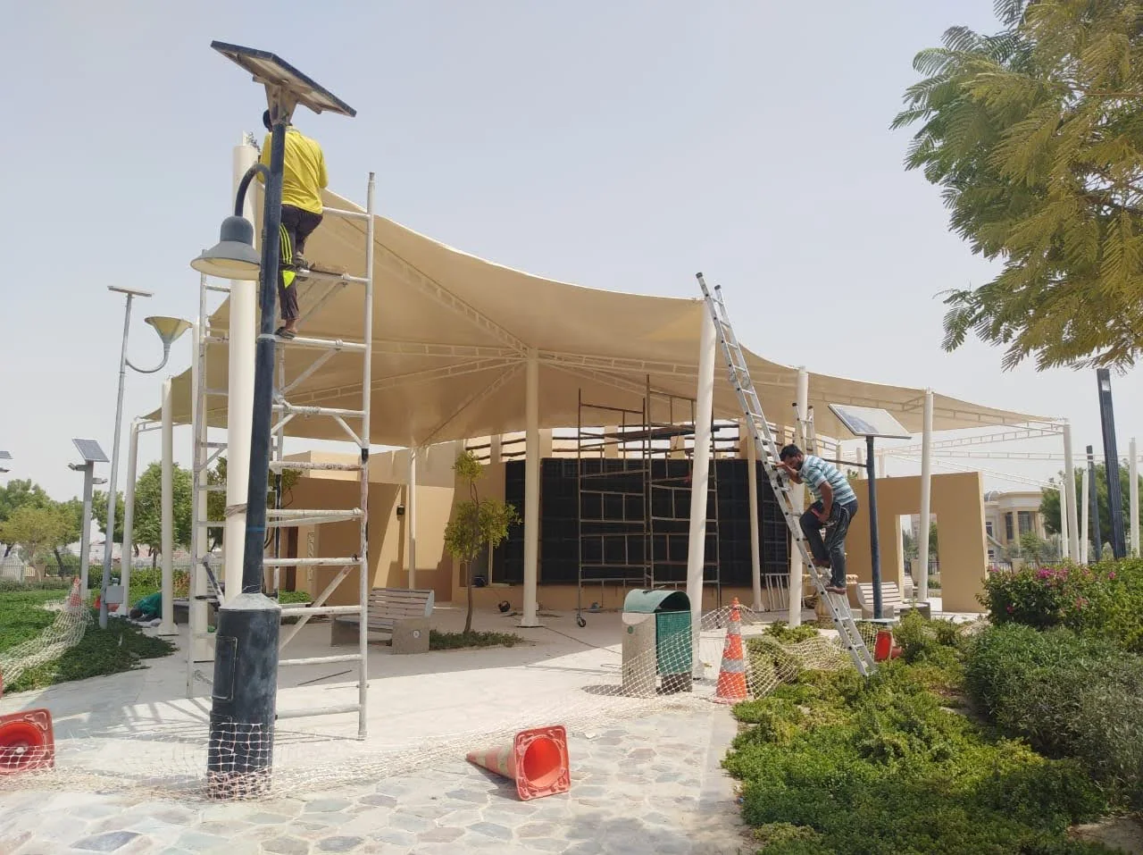 Completed tensile membrane shade structure at Al Khawaneej Park in Dubai — installation view 4