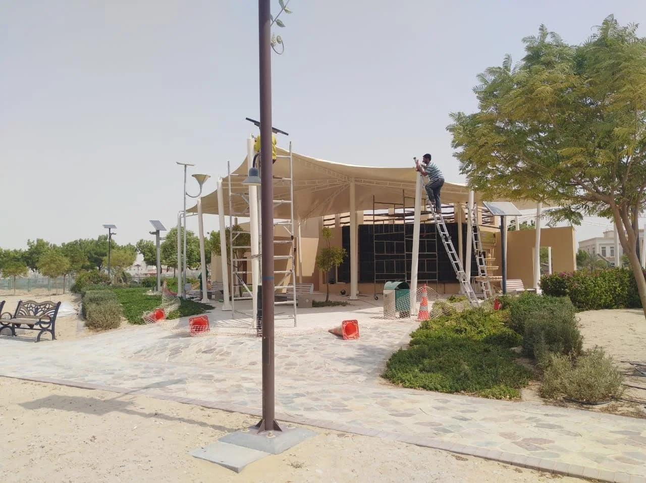 Completed tensile membrane shade structure at Al Khawaneej Park in Dubai — installation view 5