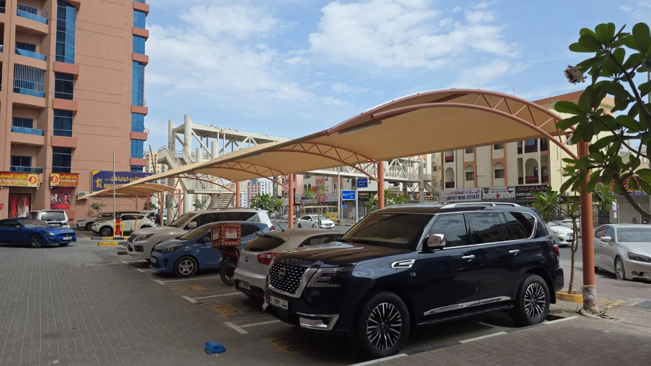 Completed car parking shade structure at Al Nuaimiya Tower in Ajman