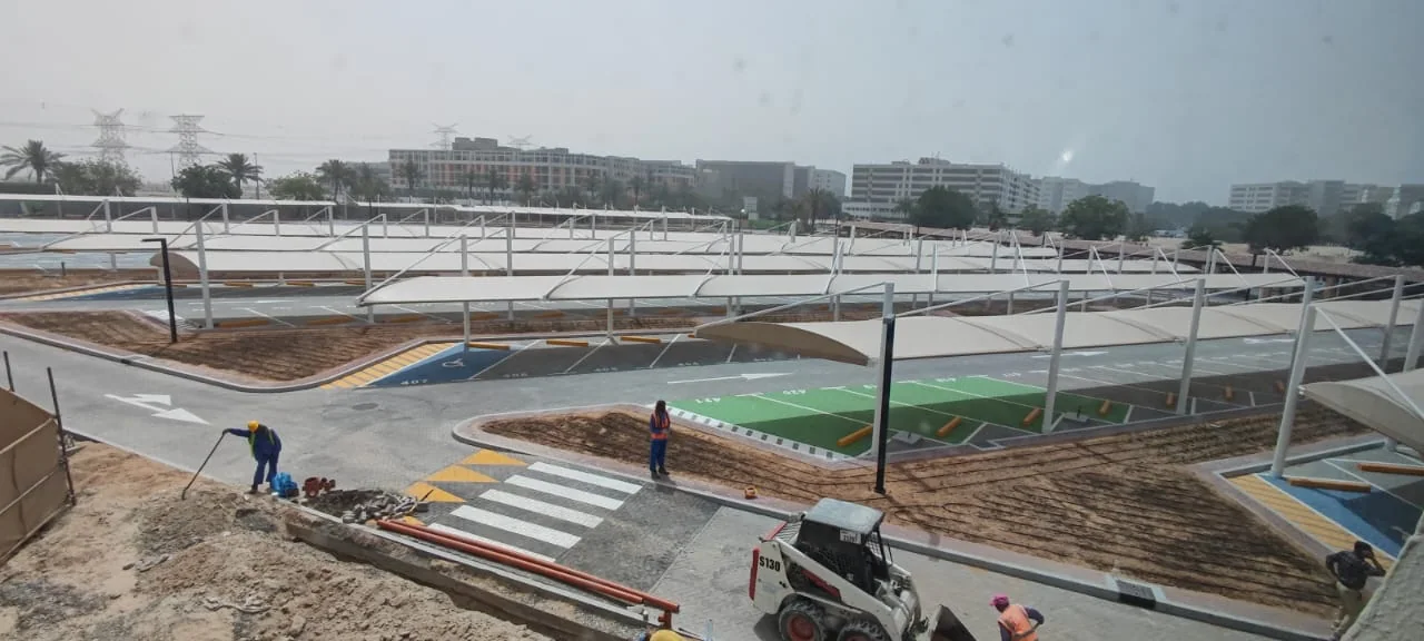 Completed car parking shade structure at Choithrams Green Community in DIP, Dubai