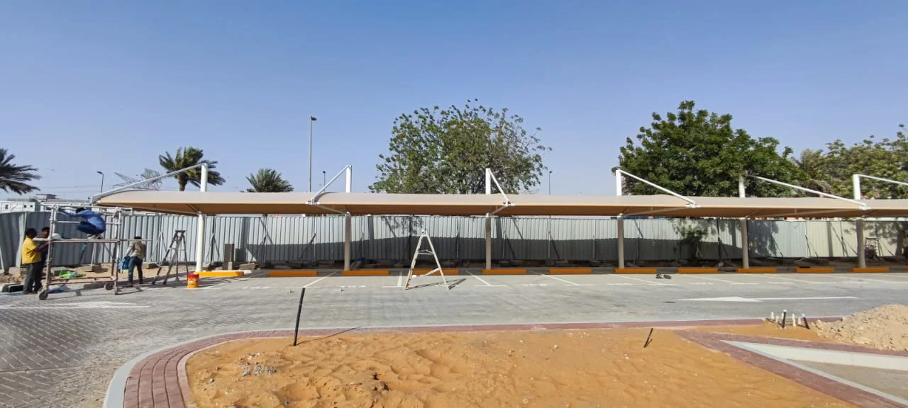 Completed car parking shade structure at Choithrams Green Community in DIP, Dubai — installation view 5