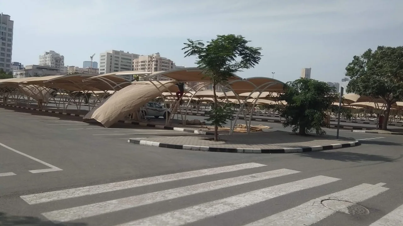 Completed tensile membrane shade structure at HCT Al Nahda in Dubai
