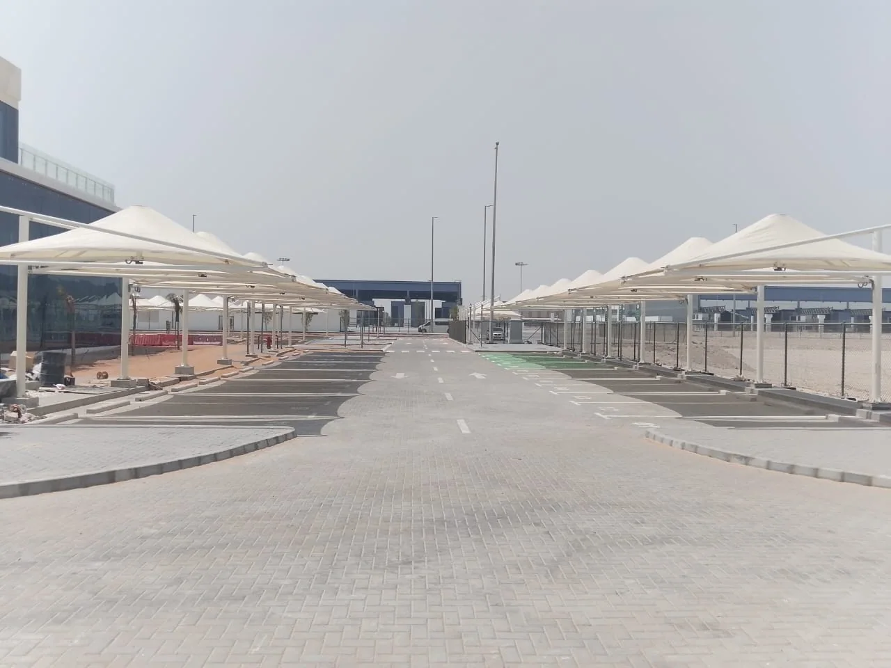 Completed car parking shade structure at Metal Park — KIZAD in KIZAD, Abu Dhabi — installation view 2