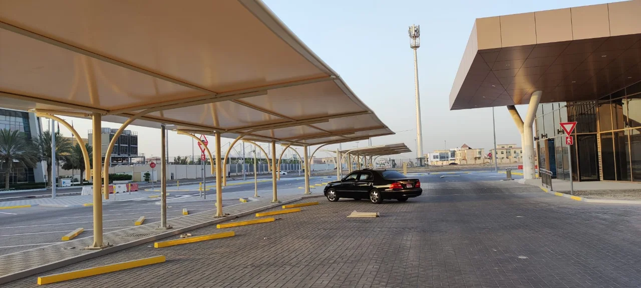Completed car parking shade structure at Prompt MBZ in MBZ, Abu Dhabi