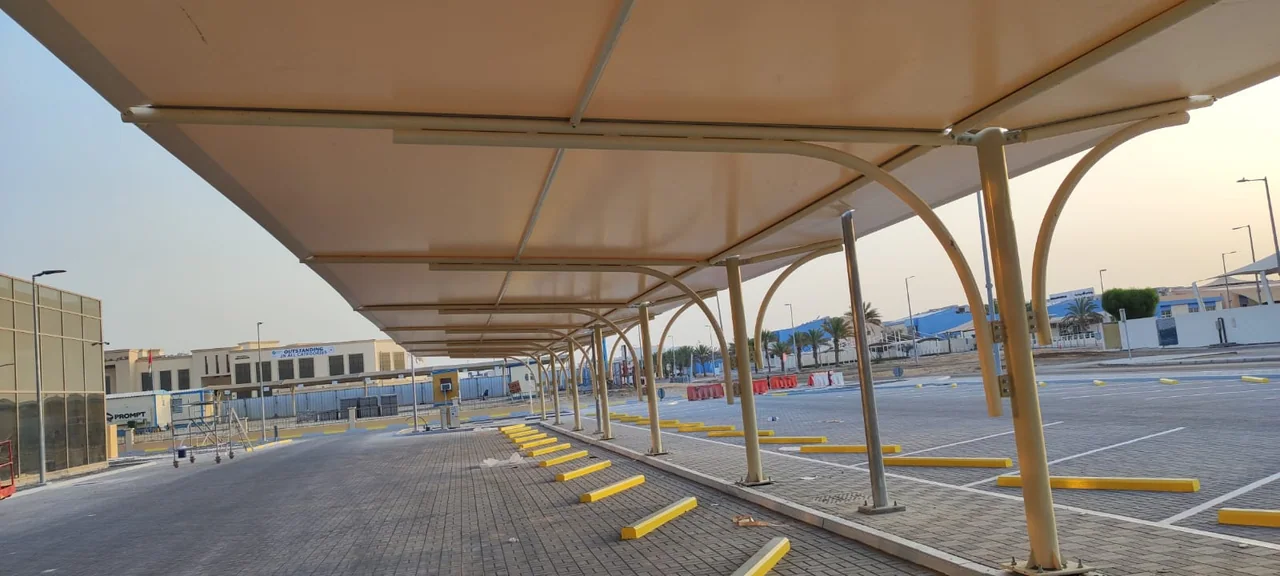 Completed car parking shade structure at Prompt MBZ in MBZ, Abu Dhabi — installation view 2