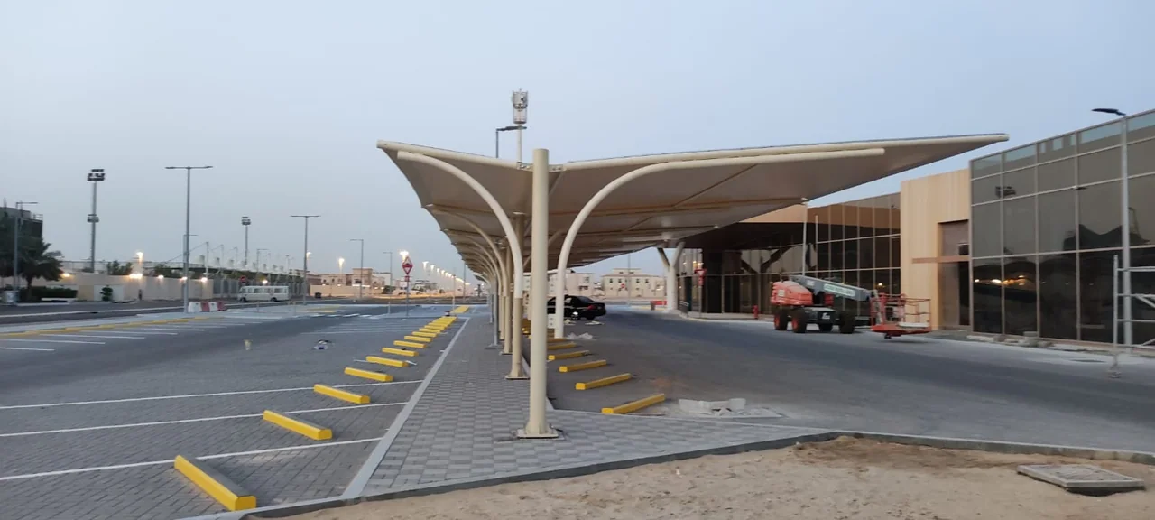 Completed car parking shade structure at Prompt MBZ in MBZ, Abu Dhabi — installation view 3