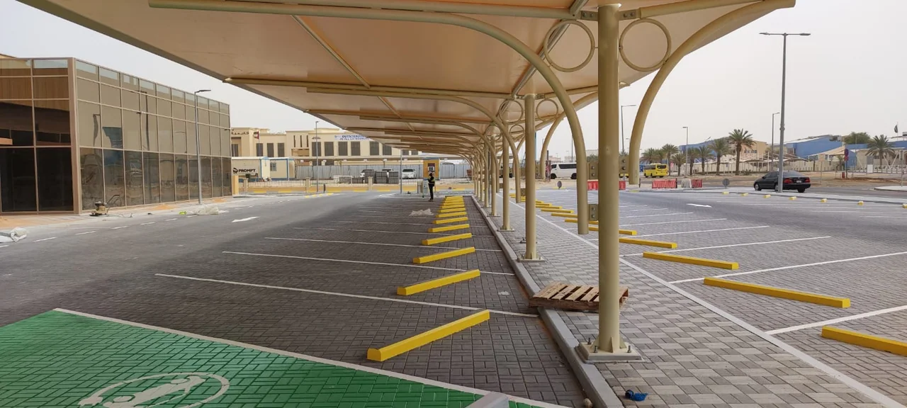 Completed car parking shade structure at Prompt MBZ in MBZ, Abu Dhabi — installation view 6