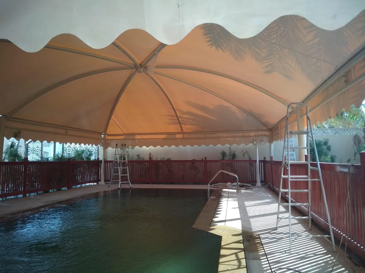 Completed tensile membrane shade structure at Swimming Pool — Barsha in Al Barsha, Dubai